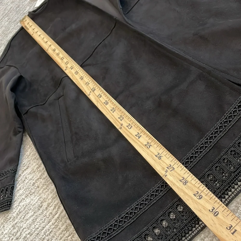 NWT Zara Black Faux Suede Oversized Open Jacket Womens Size XS Crochet Lace Trim